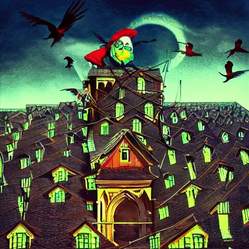 Image similar to a clown on the roof of the church playing with crows, by android jones and m. c. escher collaboration, futurist, digital art, dramatic lighting, symbolic