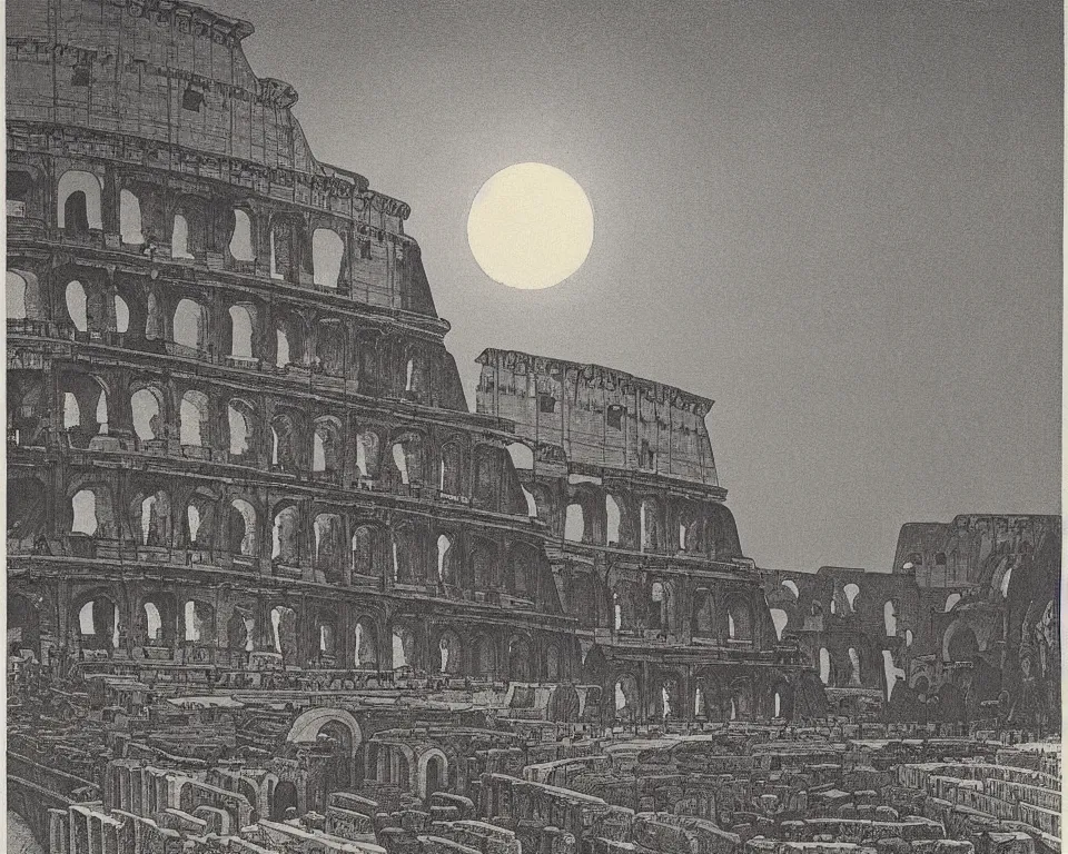 Image similar to achingly beautiful print of the Colosseum and triumphal arch bathed in moonlight by Hasui Kawase and Lyonel Feininger.