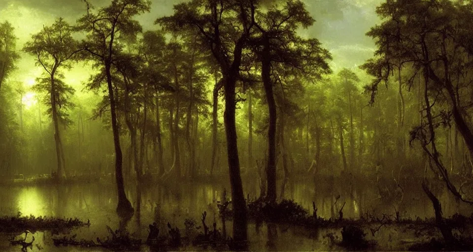 Prompt: A dense and dark enchanted forest with a swamp, by Albert Bierstadt,