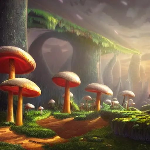 Image similar to beautiful matte art of a mushroom kingdom in the style of futuristic 1 8 th / 1 9 th / 2 0 th century concept art detailed realistic, highly detailed, crystal lighting, hyperrealistic, unreal engine, magical