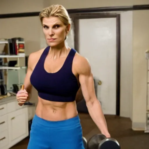 Image similar to muscular Kim Wexler working out in a jim, movie still, photorealistic