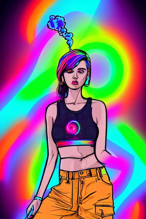 Image similar to a award winning half body portrait of a beautiful woman with stunning eyes in a croptop and cargo pants with smoking hair in rainbow colors, outlined by whirling illuminated neon lines, outrun, vaporware, shaded flat illustration, digital art, trending on artstation, highly detailed, fine detail, intricate