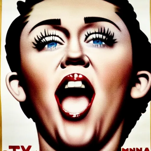 Image similar to propaganda poster, miley cyrus, close up, portrait, shouting