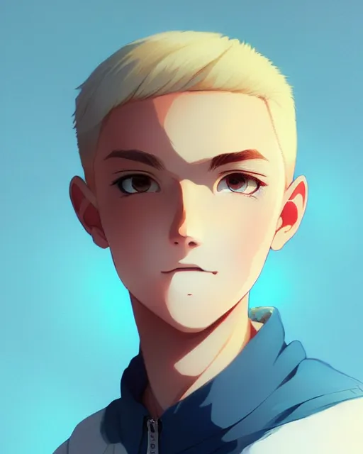 Prompt: teen boy with buzzed hair, blonde, bangs, blue eyes, bushy eyebrows, goofy grin, portrait shinkai makoto studio ghibli studio key hideaki anno sakimichan stanley artgerm lau rossdraws james jean marc simonetti elegant highly detailed digital painting artstation pixiv