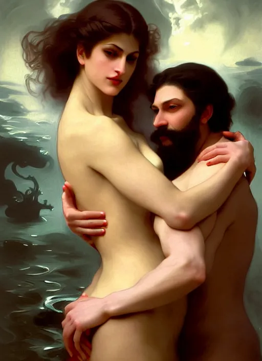 Image similar to kitsch mills and boon romance novel cover with elder god cthulhu!! hugging eva mendes, they are in love, by william - adolphe bouguereau, john singer sargent, digital painting, artstation, concept art, smooth, sharp focus, warm lighting,