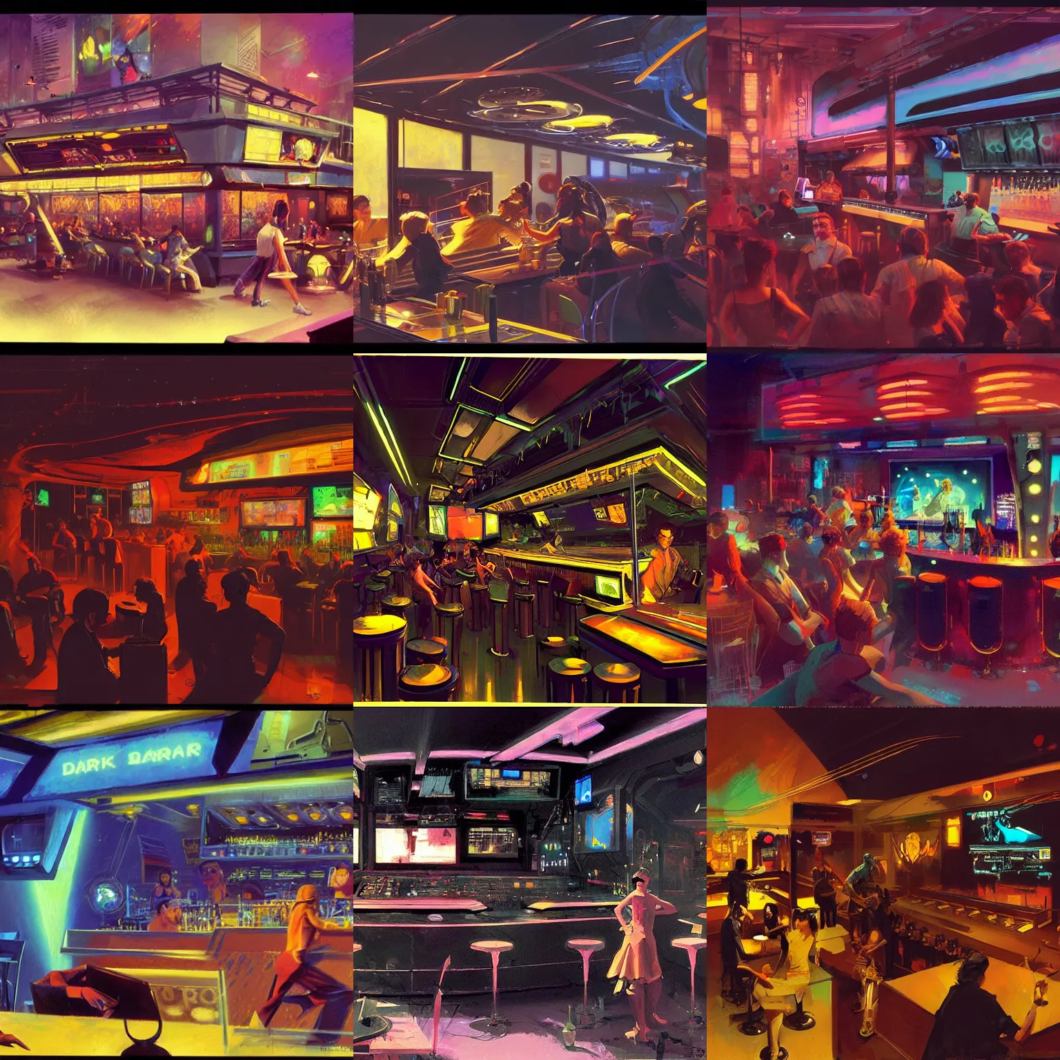 Prompt: vibrant concept art of a very small dark futuristic musical bar with a large screen in front of a very small but excited crowd by syd mead and craig mullins