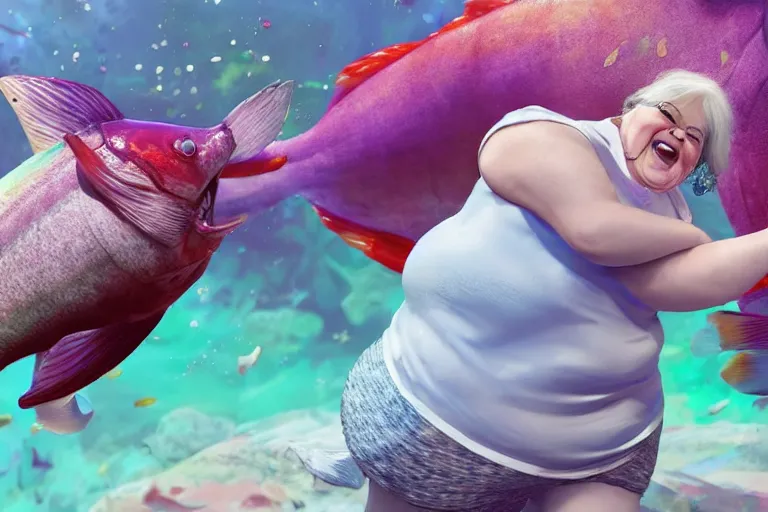 Image similar to of a very beautiful scene. ambient occlusion render. a sweet fat old woman is dancing with a huge colorful fish. hyper realistic. 4 k. wide angle. romantic mood. symmetrical face, red mouth, blue eyes. deep focus, lovely scene. ambient occlusion render. concept art. artstation. unreal engine.