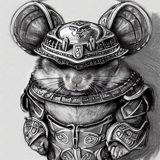 Image similar to a hamster wearing samurai armor. pencil drawing. concept art. filigree drawing.