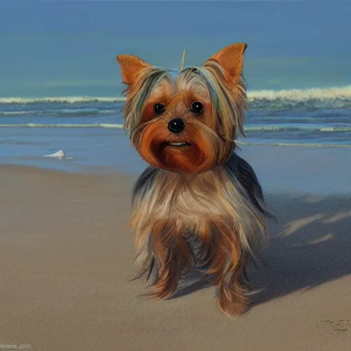 Image similar to ultra realistic portrait painting of a yorkshire terrier on the beach, art by michael sowa, 4 k, ultra realistic, highly detailed, epic lighting