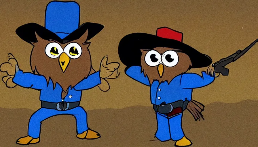 Prompt: 1990s cartoon show screenshot about a gunslinging owl from the wild west, wearing a cowboy hat an eye mask, standing in an old west town the animated show