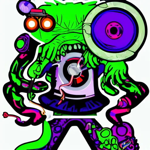 Image similar to svg sticker of a Pop-Wonder Alien-Bog-Monster-Swamp-Rat-Thunder-Coot-Racing-Fan at a rave, spinning records, giant headphones rocking out, wearing headphones, huge speakers, dancing, rave, DJ, spinning records, digital art, amazing composition, rule-of-thirds, award-winning, trending on artstation, featured on deviantart