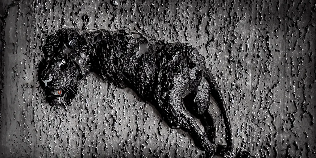 Prompt: the black lioness made of tar, dripping tar, drooling ferrofluid, melting through the hallway air vent. dslr, photography, animal photography, realistic, detailed