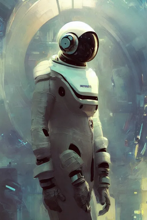 Image similar to portrait of an astronaut wearing a really cool and futuristic space helmet and stylish spacesuit, cyberpunk aesthetic by craig mullins, ruan jia, kentaro miura, greg rutkowski