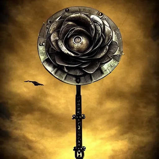 Image similar to giant mechanical rose, steampunk, fantasy art, sky