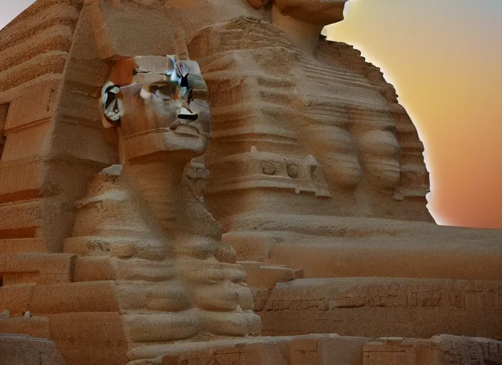 Prompt: high definition 3 d render of kelsey grammer's face and big forehead head on a sphinx body, egyptology, ancient aliens, grainy cinestill film landscape photo, blender, monument, 8 k