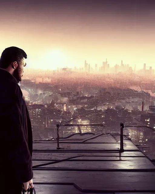 Image similar to a night rooftop scene, close up shot of a photorealistic gangster wearing a trench coat looking at the city below, unreal engine, hyper realism, realistic shading, artstation