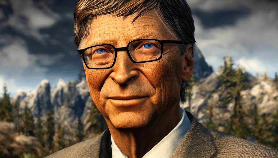 Image similar to character screenshot of bill gates, skyrim, enb, 4 k, bokeh