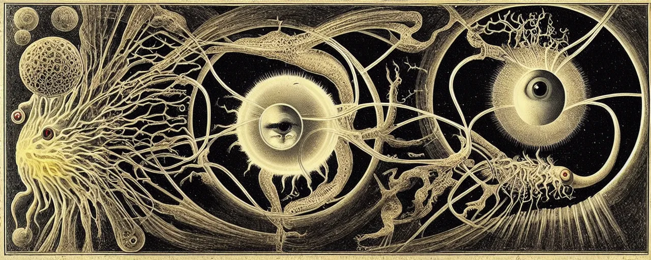 Image similar to a strange earth creature with endearing eyes radiates a unique canto'as above so below'while being ignited by the spirit of haeckel and robert fludd, breakthrough is iminent, glory be to the magic within, in honor of saturn, painted by ronny khalil