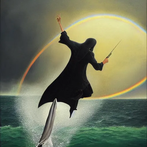 Image similar to a hyper realistic painting of the grim reaper standing on the back of a dolphin that is jumping over a rainbow, by james c christensen and santiago caruso,