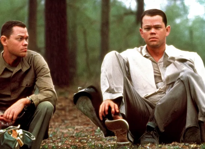 Image similar to film still of matt damon as forrest gump in forrest gump, 4 k