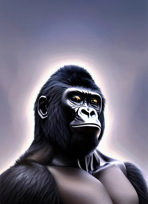 Prompt: frightening gorillas warrior portrait, weapons in hand, art by artgerm, wlop, loish, ilya kuvshinov, tony sandoval. 8 k realistic, hyperdetailed, symmetrical face