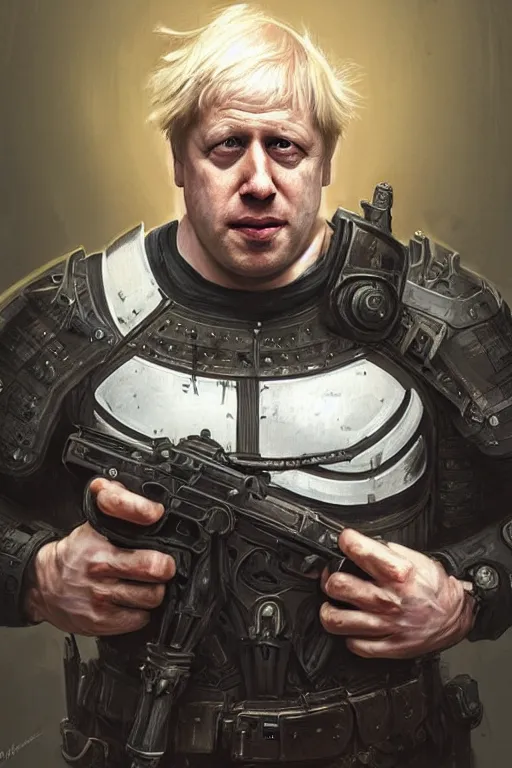 Image similar to Boris Johnson as Punisher, armor plate, realistic portrait, symmetrical, highly detailed, digital painting, artstation, concept art, smooth, sharp focus, illustration, cinematic lighting, art by artgerm and greg rutkowski and alphonse mucha