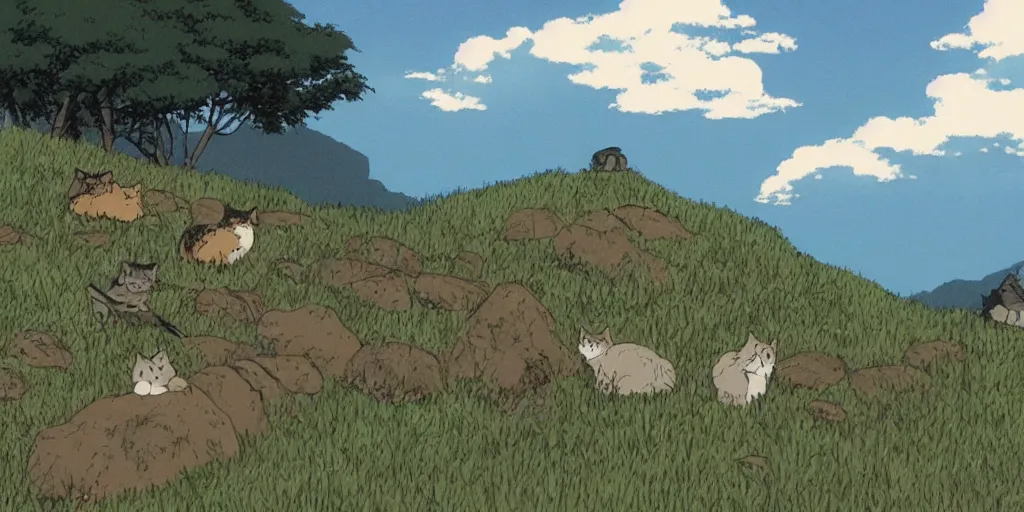 Prompt: a peaceful mountain overlooking a field, many cats, studio ghibli