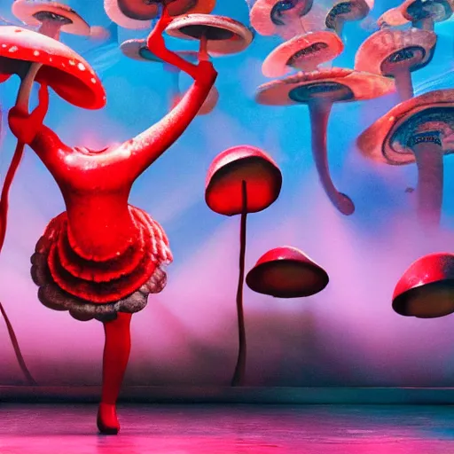 Image similar to a musical about dancing mushrooms, promotional images, imax, photorealistic, distortion