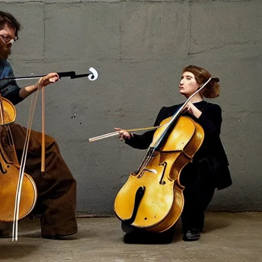 Prompt: cello violin concert art by banksy and frank frazetta