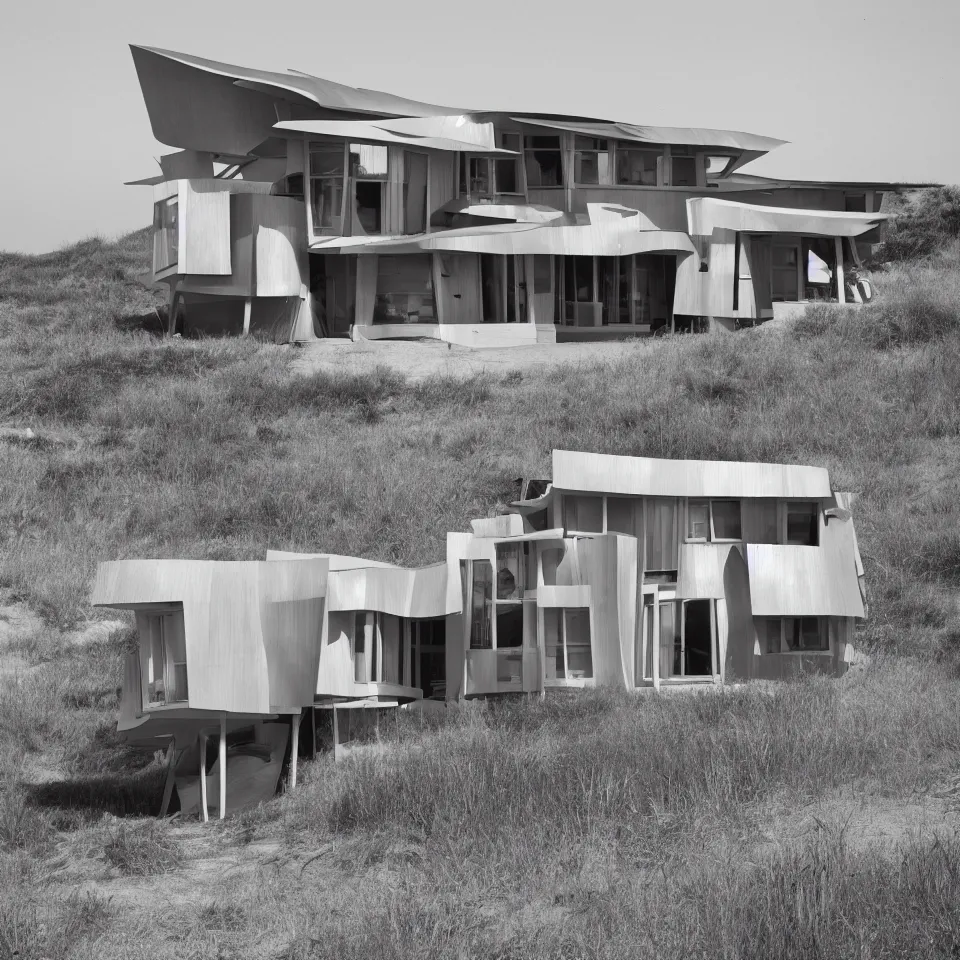 Image similar to architecture ad for a mid-century modern house on the beach, one story mini house, designed by Frank Gehry. Film grain, cinematic, colorized, yellow hue