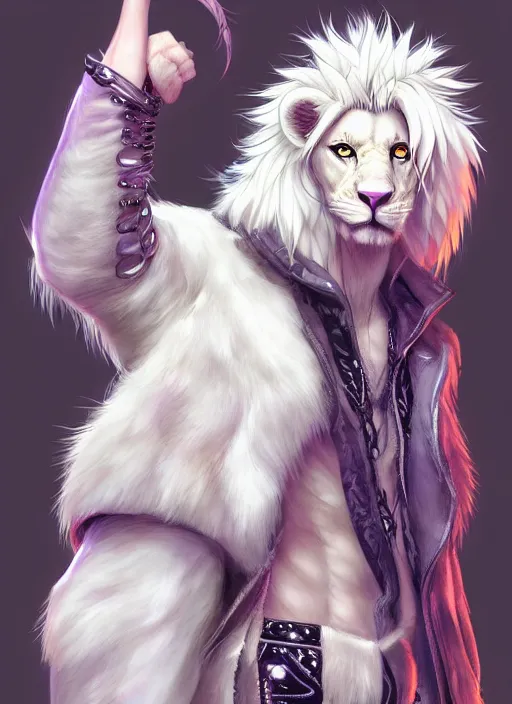 Image similar to award winning beautiful portrait commission of a male furry anthro albino lion fursona with a tail and a cute beautiful attractive detailed furry face wearing rockstar clothes on a live stage. Character design by charlie bowater, ross tran, artgerm, and makoto shinkai, detailed, inked, western comic book art