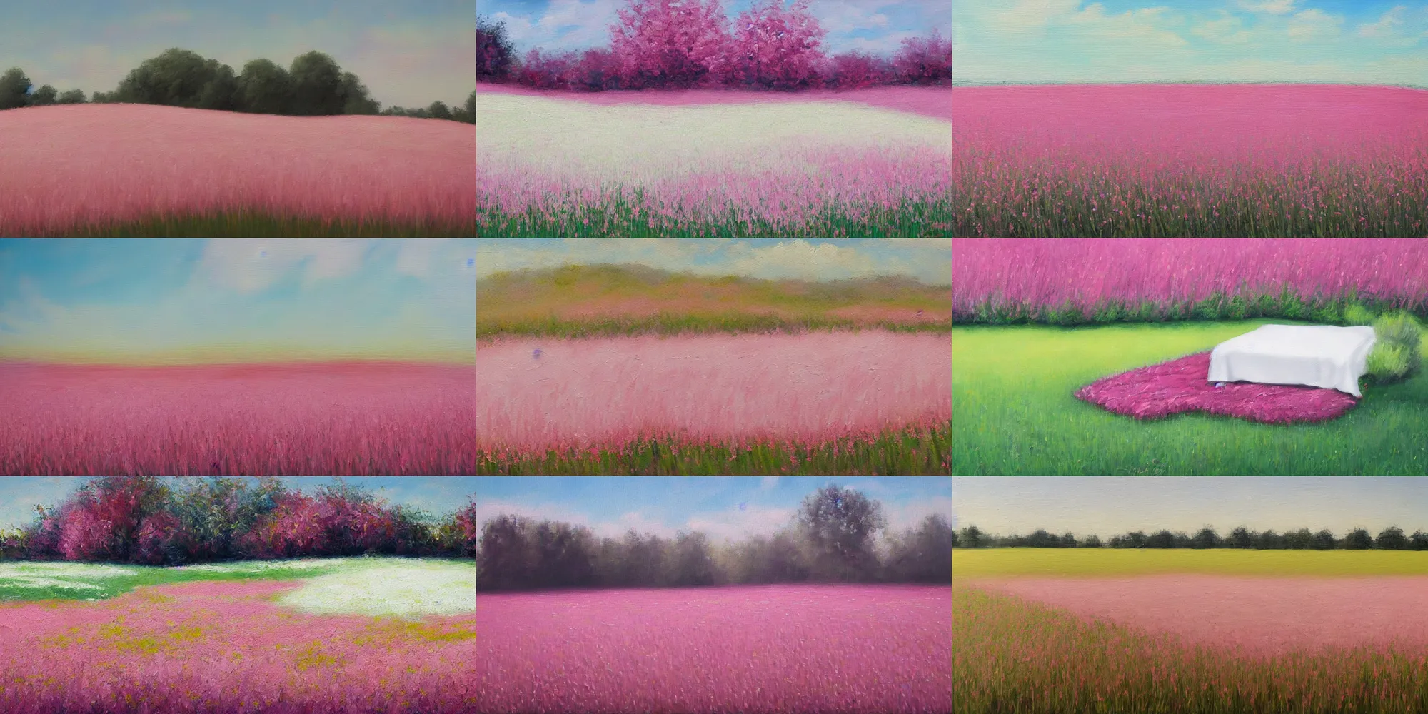 Prompt: a white bed in the middle of endless pink grass, master oil painting