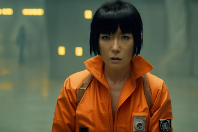 Image similar to major motoko wearing an orange prison jumpsuit hologram of a screaming child to her right, photography by fred palacio medium full shot still from bladerunner 2 0 4 9, sci fi, bladerunner, canon eos r 3, f / 3, iso 2 0 0, 1 / 1 6 0 s, 8 k, raw, unedited