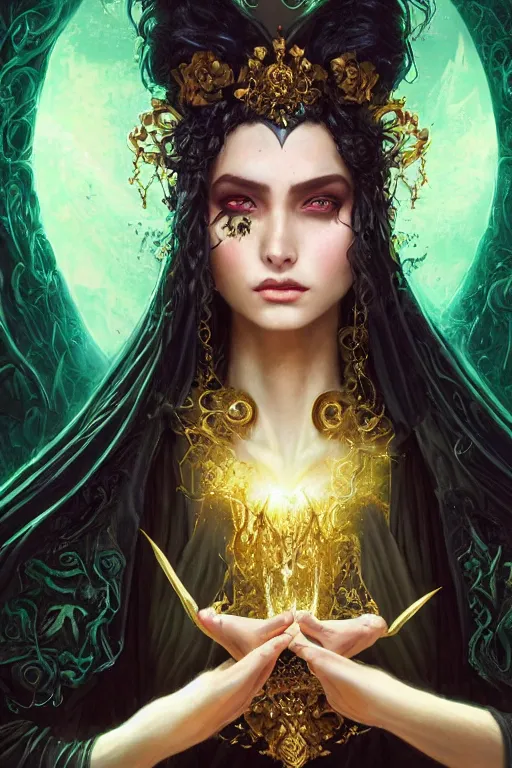 Prompt: a fantasy art close - up portrait of a hauntingly beautiful sorceress wearing a black robe with gold embroidery, casting a spell, green glows, painted by artgerm and tom bagshaw, highly detailed digital art