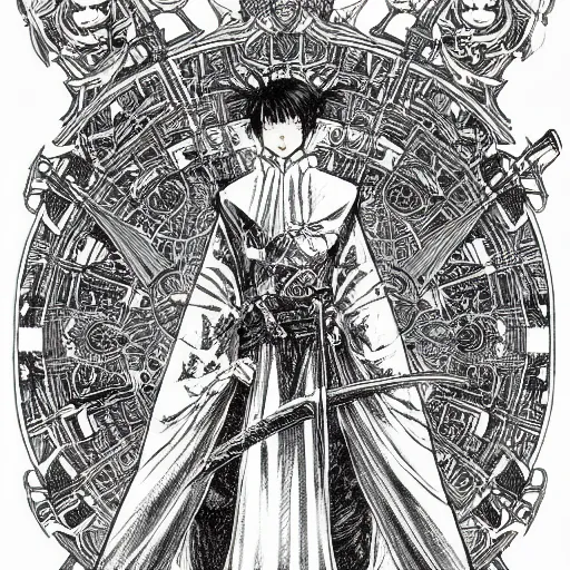 Prompt: highly detailed perspective drawing black and white goetic pen and ink manga panel by hiroya oku!! mucha sword concept art design