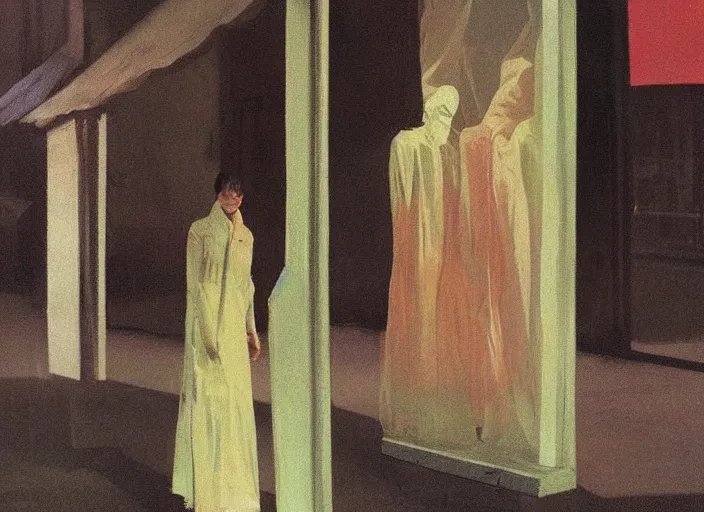 Image similar to woman in a translucent clothing made from plastic bag with paper bags for clothes standing inside paper bags with paper bag over the head at store display on flooded night street Edward Hopper and James Gilleard, Zdzislaw Beksinski, highly detailed