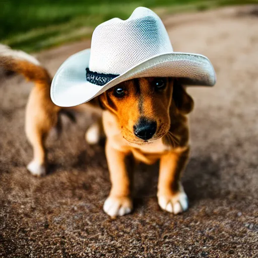 Image similar to a cute puppy wearing a cowboy hat, Canon EOS R3, f/1.4, ISO 200, 1/160s, 8K, RAW, unedited, symmetrical balance, in-frame