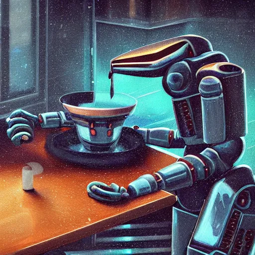 Image similar to soulful oil painting highly detailed futuristic robot serving a cup of coffee, by simon stalenhaag, by laurie greasley, high depth of field, fresh colors, coffee beans, coffee, steam, hyperdetailed, hyperrealistic, moody light, 3 d octane render, 4 k, volumetric lights, smooth, cosy atmosphere, artstation!