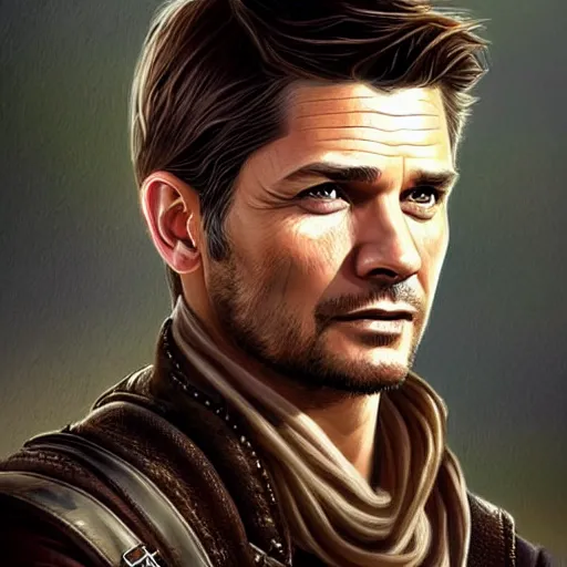 Prompt: A combination of Jensen Ackles's and Orlando Bloom's and Timothy Olyphant's faces as Nathan Drake, western, D&D, fantasy, intricate, elegant, highly detailed, digital painting, artstation, concept art, matte, sharp focus, illustration, art by Artgerm and Greg Rutkowski and Alphonse Mucha