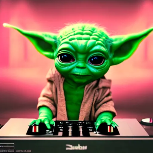 Image similar to full body pose, hyperrealistic photograph of baby yoda as a dj, dim volumetric lighting, 8 k, octane beautifully detailed render, extremely hyper detailed, intricate, epic composition, cinematic lighting, masterpiece, trending on artstation, very very detailed, stunning, hdr, smooth, sharp focus, high resolution, award, winning photo, dslr, 5 0 mm