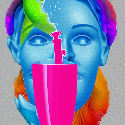 Image similar to close - up of a 3 d white marble human head holding a coctail, colorful coctail, digital illustration, 3 d render, above the waist