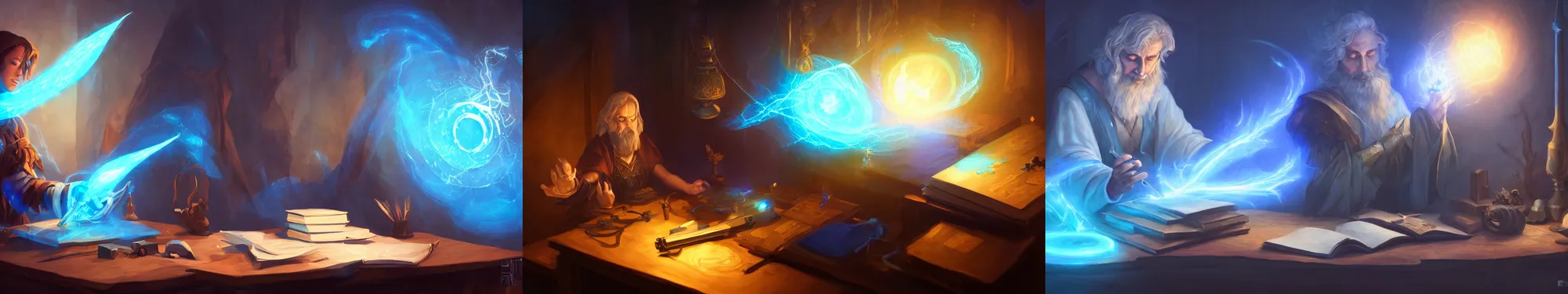 Prompt: A mage crafting a magical device on a desk. Magic, blue lighting, flux. High fantasy, digital painting, HD, 4k, detailed.