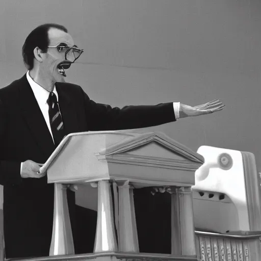 Image similar to president waluigi, real, 1 9 9 3, still, photograph, photo, speech