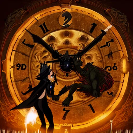 Prompt: a vampire fighting a werewolf at night in front of a giant clock face, spooky, exciting, cinematic, sharp, highly detailed digital art, trending on artstation