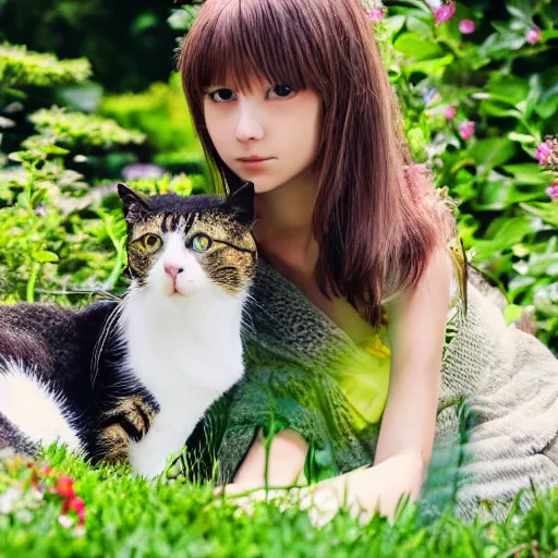 Image similar to anime girl with cat sitting in garden on hot summer, 8k, high quality,