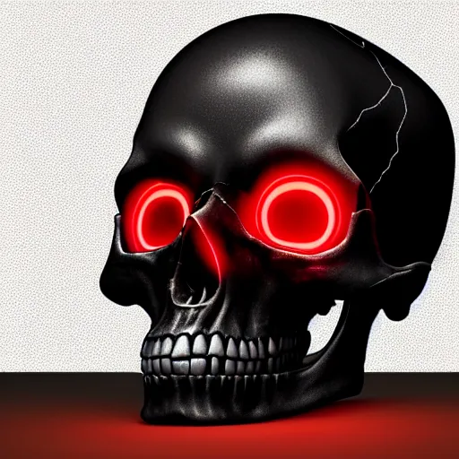 Image similar to humanoid skull, glowing red eyes, on a table, realistic, very detailed