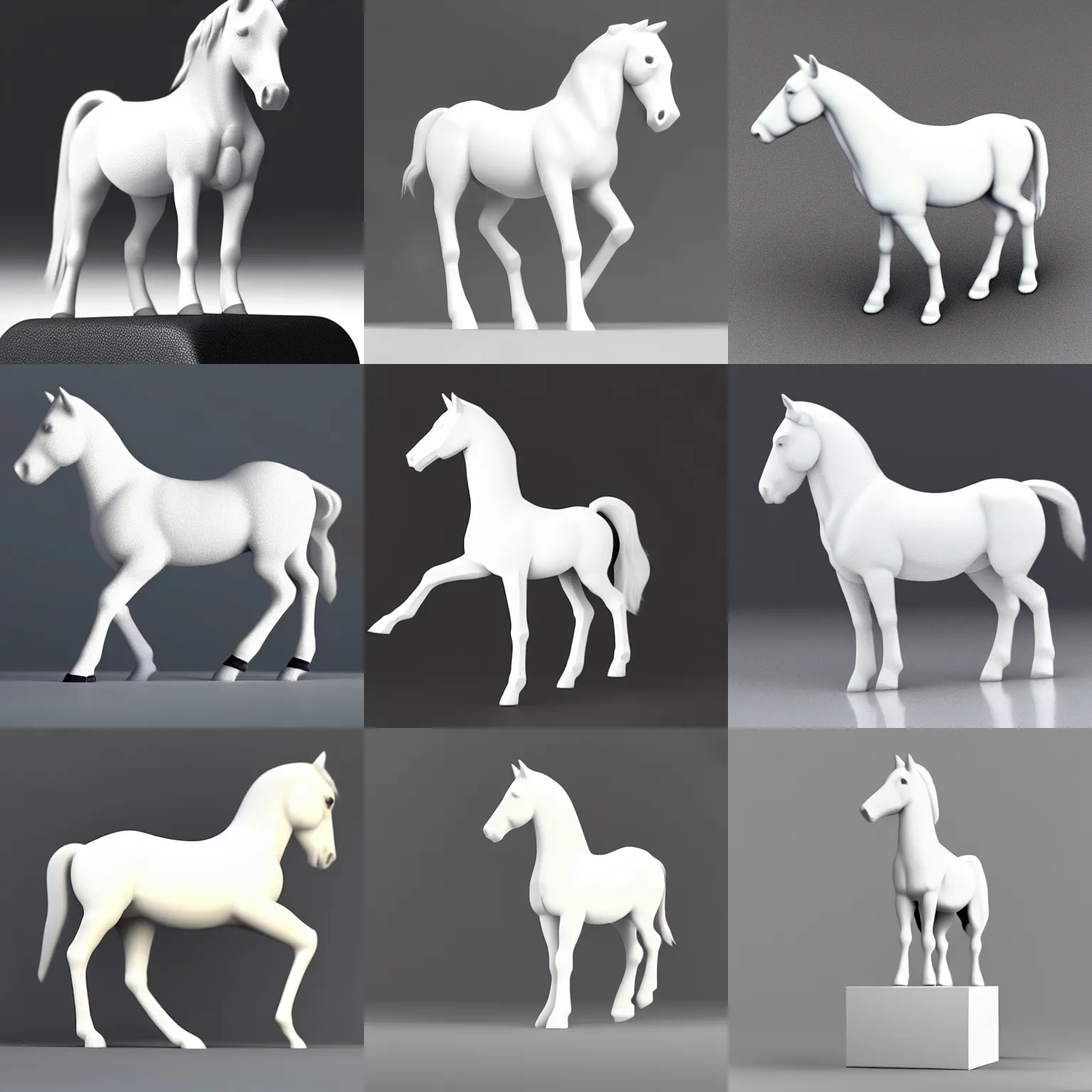 Prompt: a simple black - tailed white horse is standing with his four legs in one place standing on a little cube. minimalist style, 3 d render.