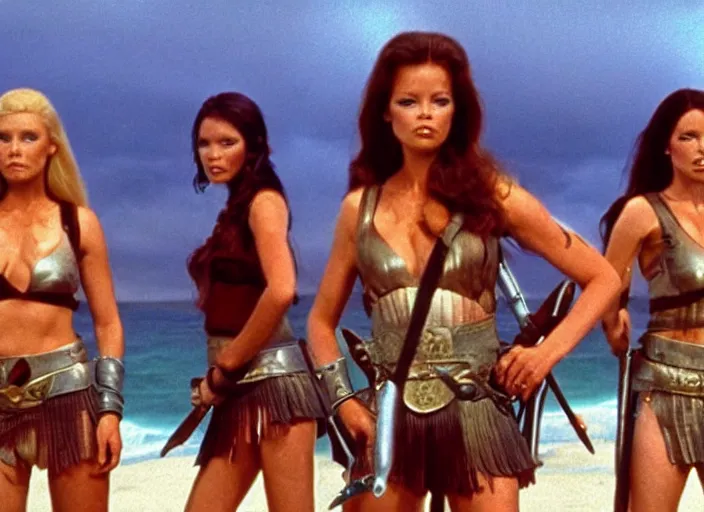 Image similar to film still charlie's angels ( 1 9 7 6 ) as a viking women with weapons, wearing skin - tight space age bikinis, rough seas in background, lightning storms, barbarella, water world, mad max, conan, hyper - realistic, highly detailed, accurate, 8 k octane render, 2 8 mm, wide angle, rule of thirds