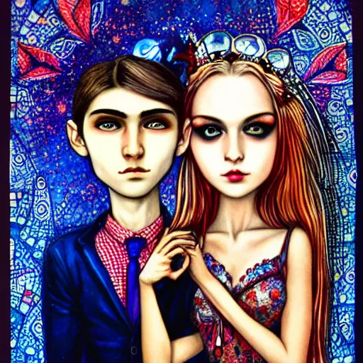 Image similar to perfectly centered symmetrical split male and female portrait of man and woman in love sharing one heart. art by jasmine becket griffith