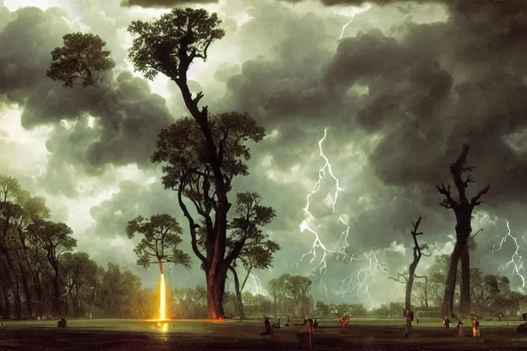 Prompt: a detailed illustration of a massive tornado touching down in the middle of central park, flying trees and park items, calamity, dark storms with lightning, 8 k, art by pierre - henri de valenciennes and caspar david friedrich and jacob gensler and eugene isabey, art by greg rutkowski and alphonse mucha and andreas rocha and albert bierstadt